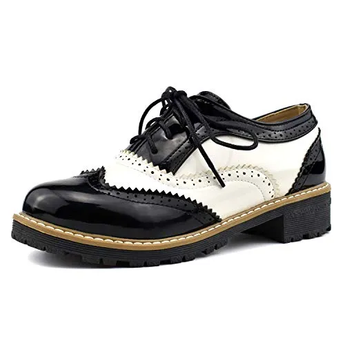 100FIXEO Women Wingtip Lace Up Vintage Oxford Shoes Brogues (6 (B) M US,Black)