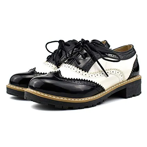 100FIXEO Women Wingtip Lace Up Vintage Oxford Shoes Brogues (6 (B) M US,Black)