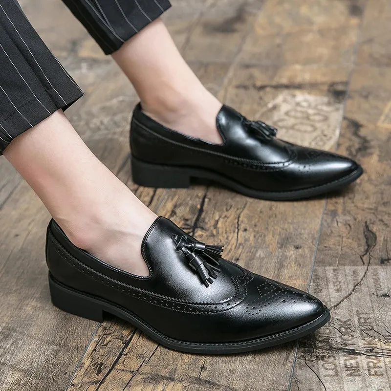 Advbridge  Classic Black Brogues Leather Shoes Men Pointy-toe Dress Shoes Fashion Tassel Mens Formal Shoes Size 48 Casual Business Shoes