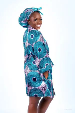 African Print Satin Robe Teal