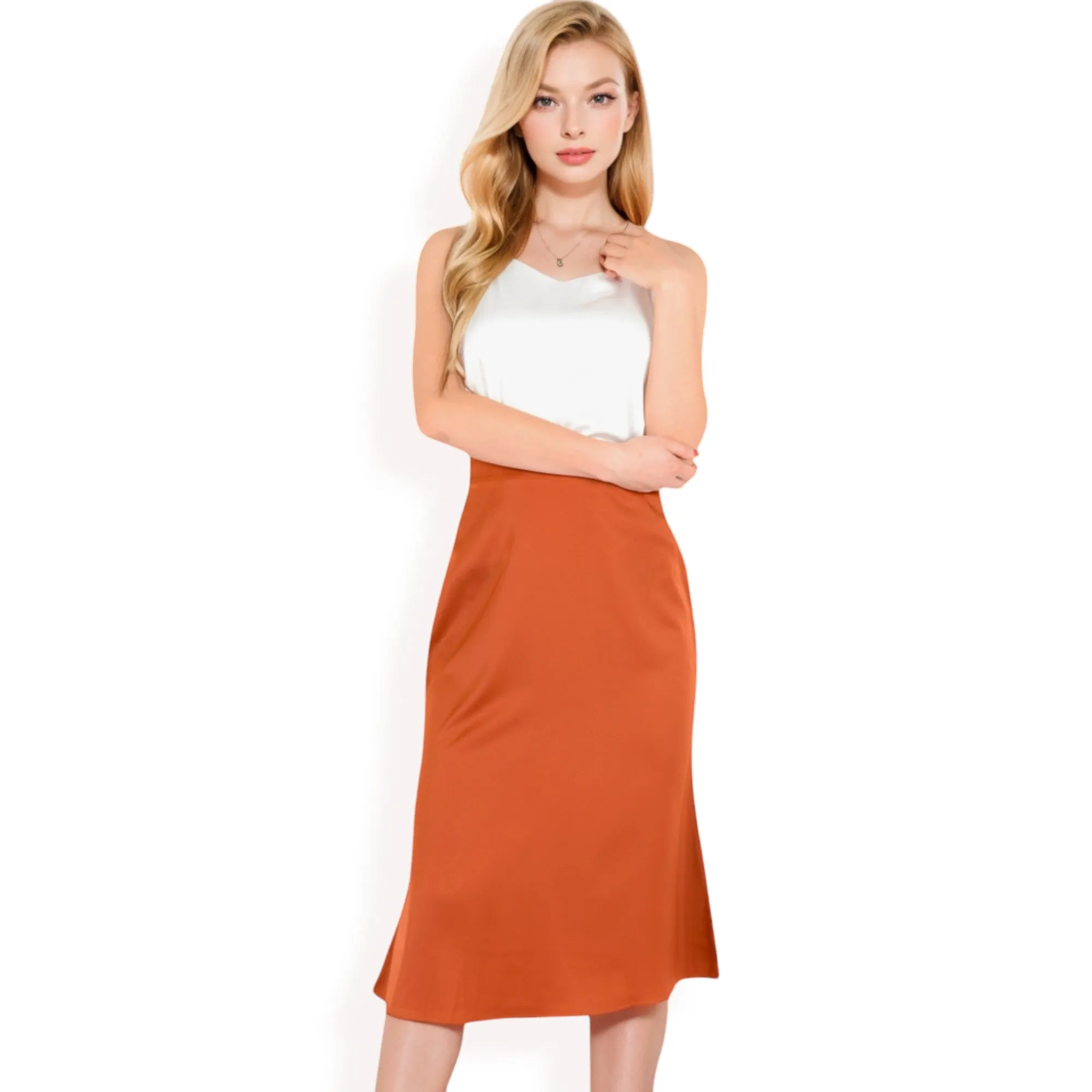 Anna-Kaci Women's Satin Midi Skirt With A-Line Silhouette And Elastic Waistband