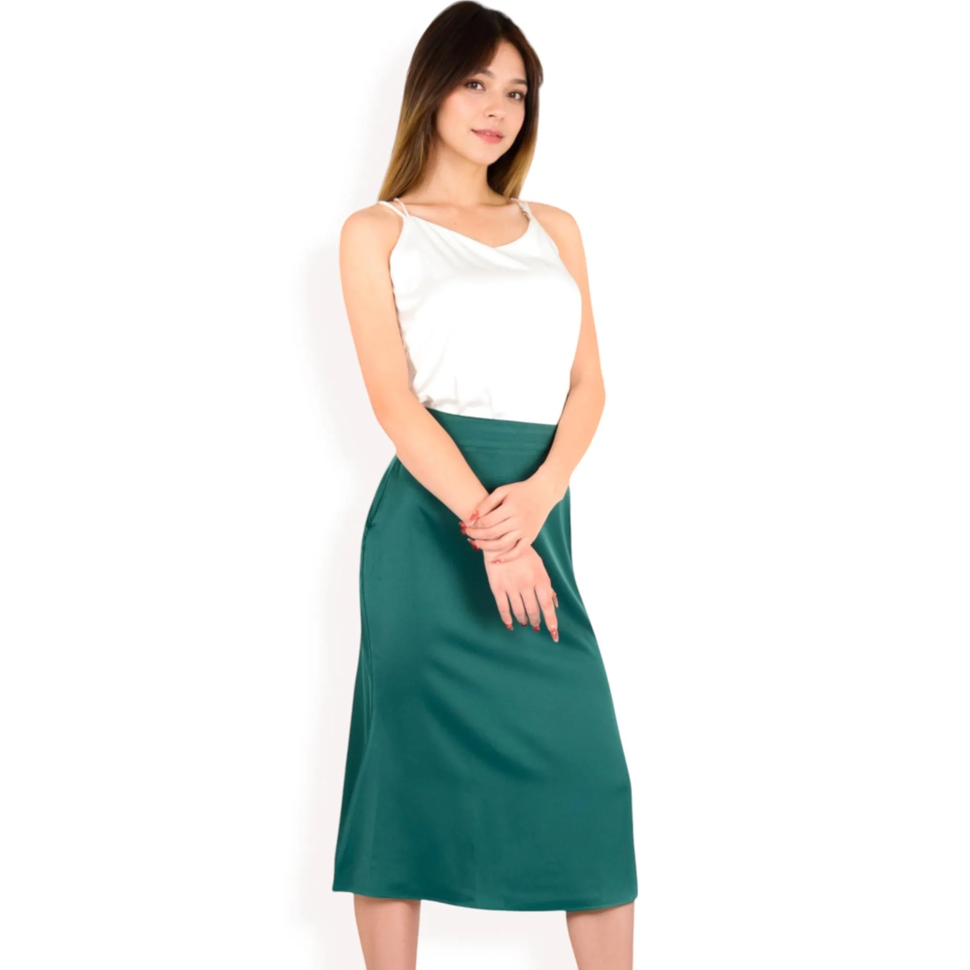 Anna-Kaci Women's Satin Midi Skirt With A-Line Silhouette And Elastic Waistband