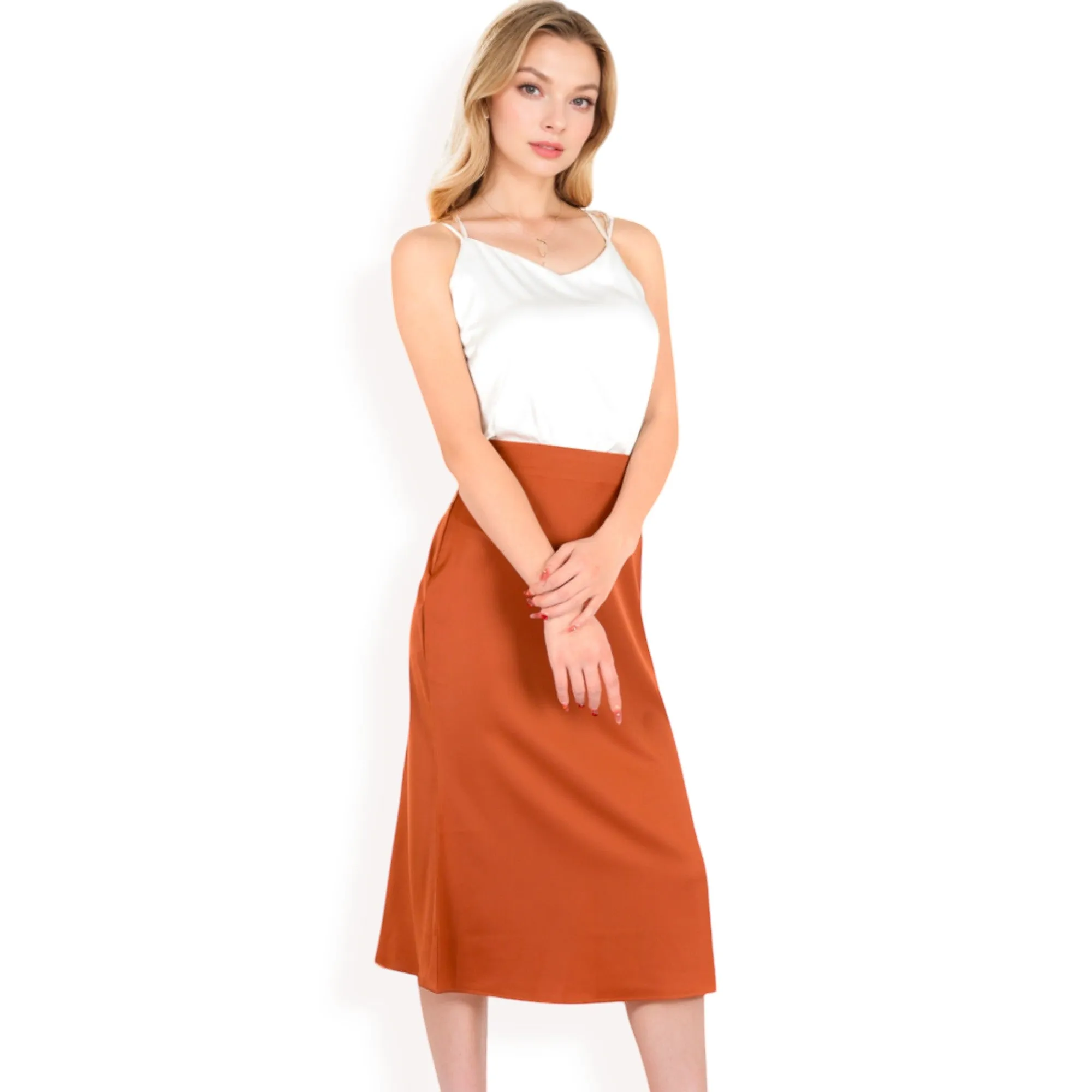 Anna-Kaci Women's Satin Midi Skirt With A-Line Silhouette And Elastic Waistband