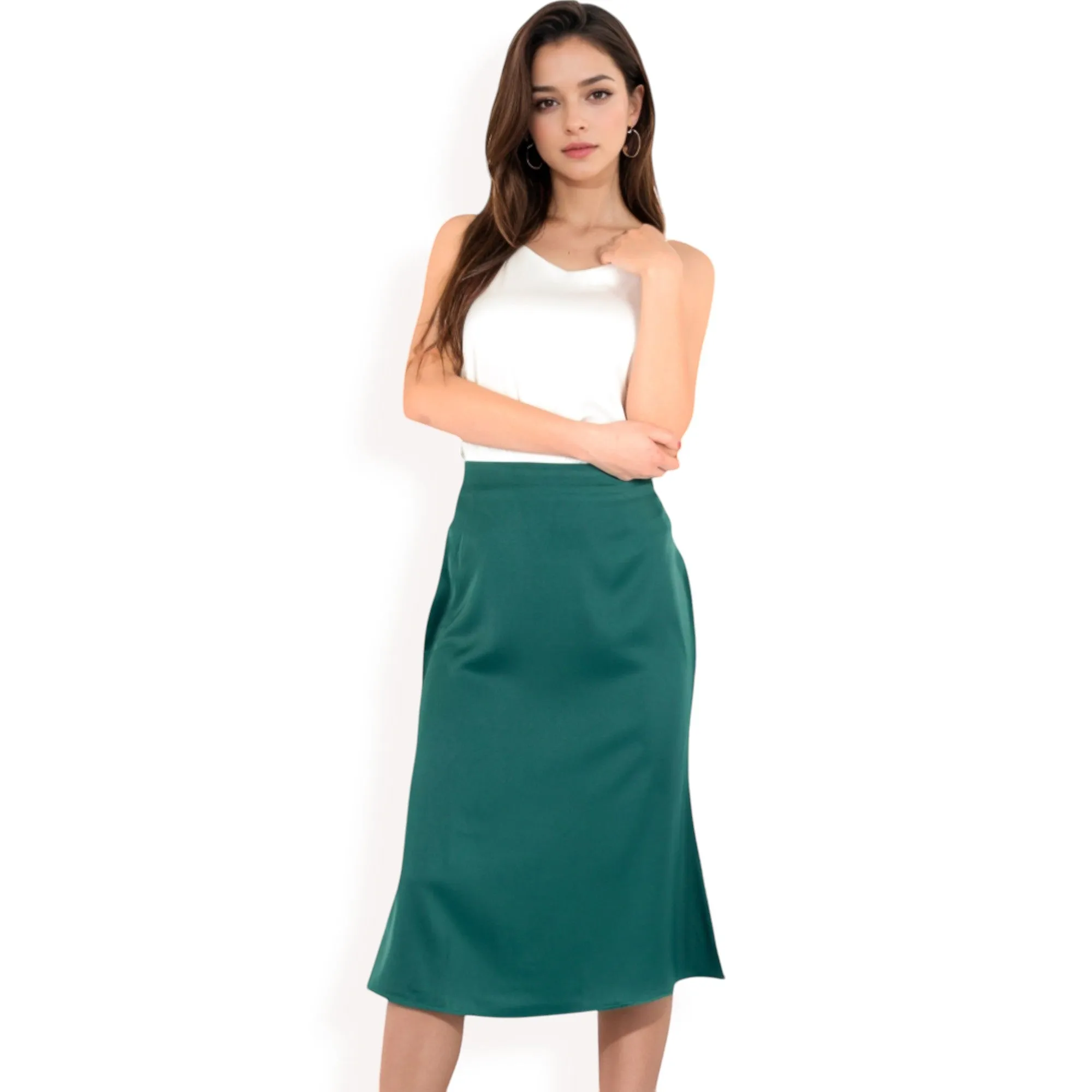 Anna-Kaci Women's Satin Midi Skirt With A-Line Silhouette And Elastic Waistband