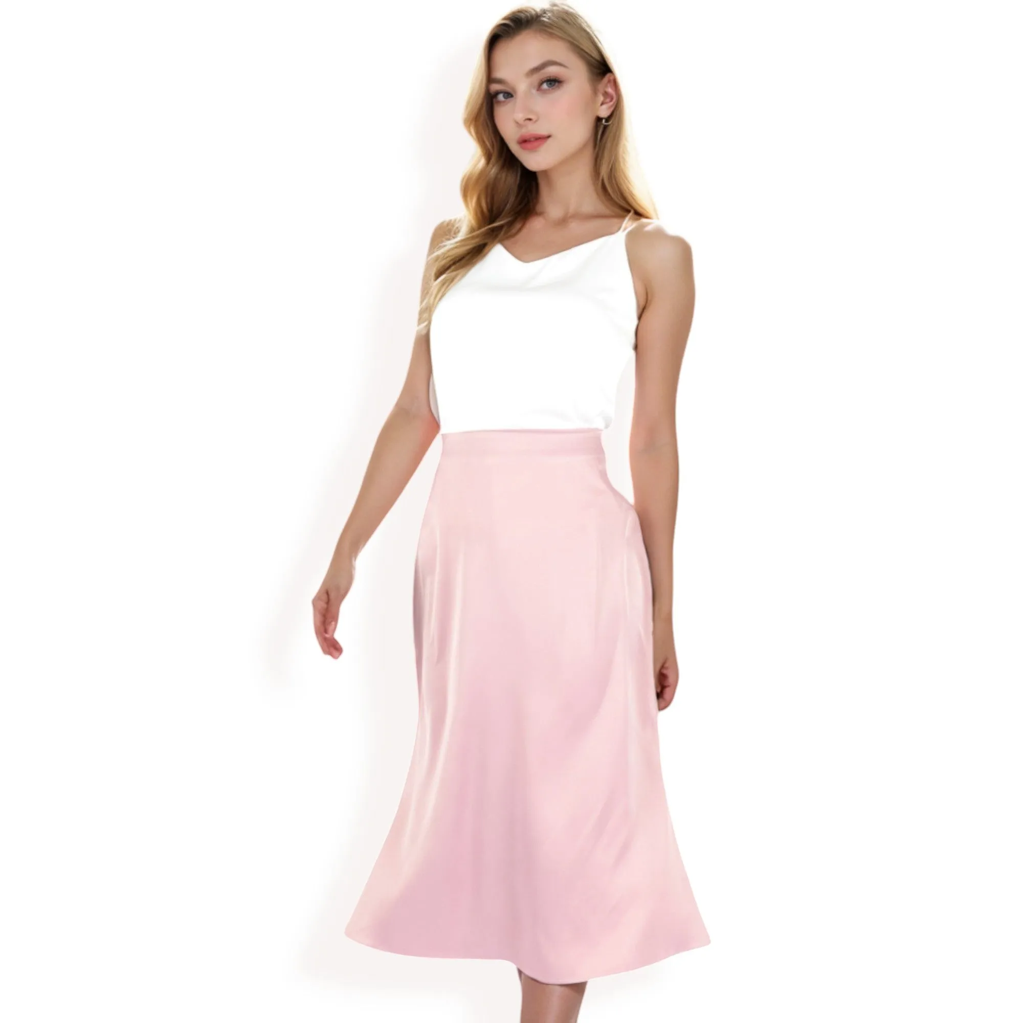 Anna-Kaci Women's Satin Midi Skirt With A-Line Silhouette And Elastic Waistband