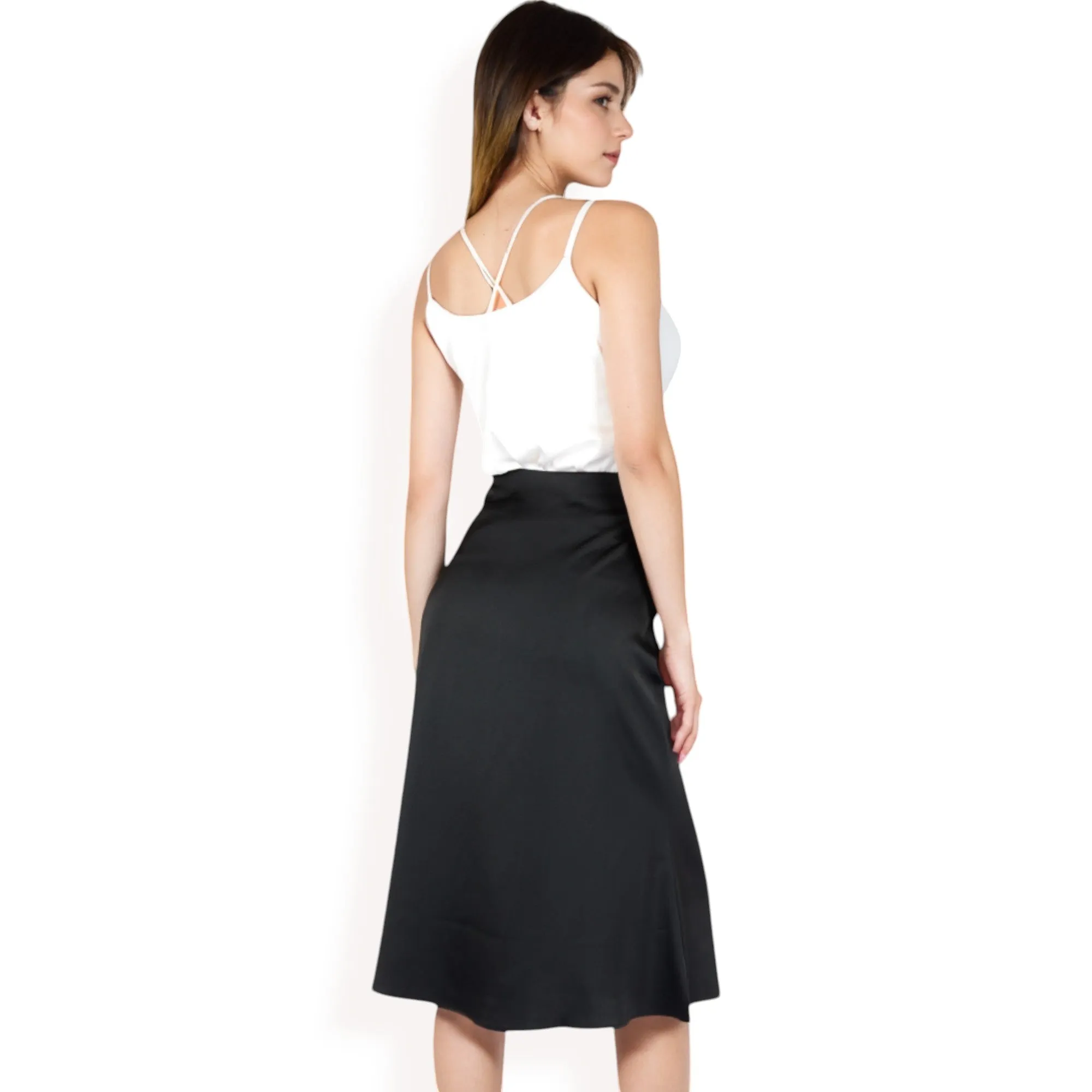 Anna-Kaci Women's Satin Midi Skirt With A-Line Silhouette And Elastic Waistband