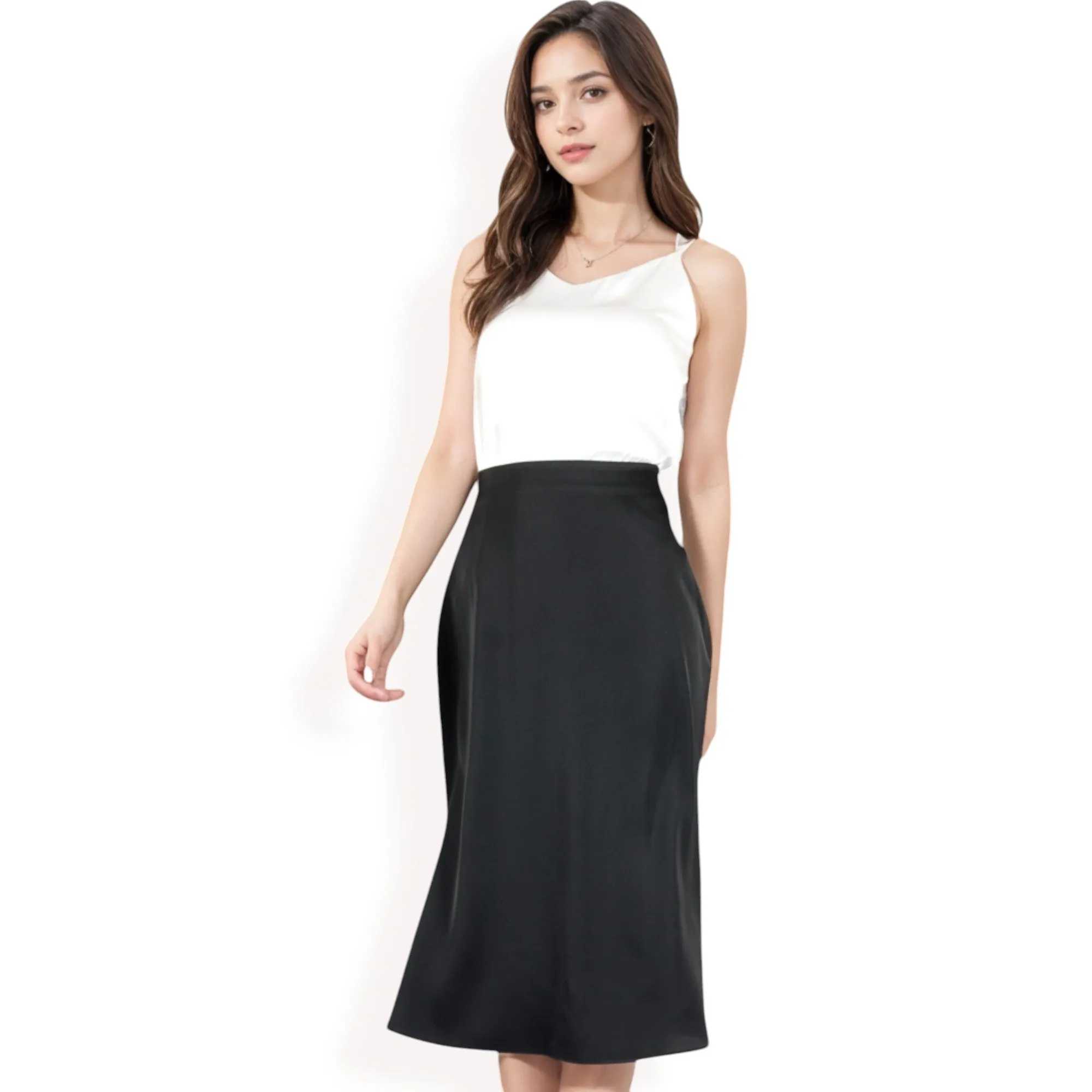 Anna-Kaci Women's Satin Midi Skirt With A-Line Silhouette And Elastic Waistband