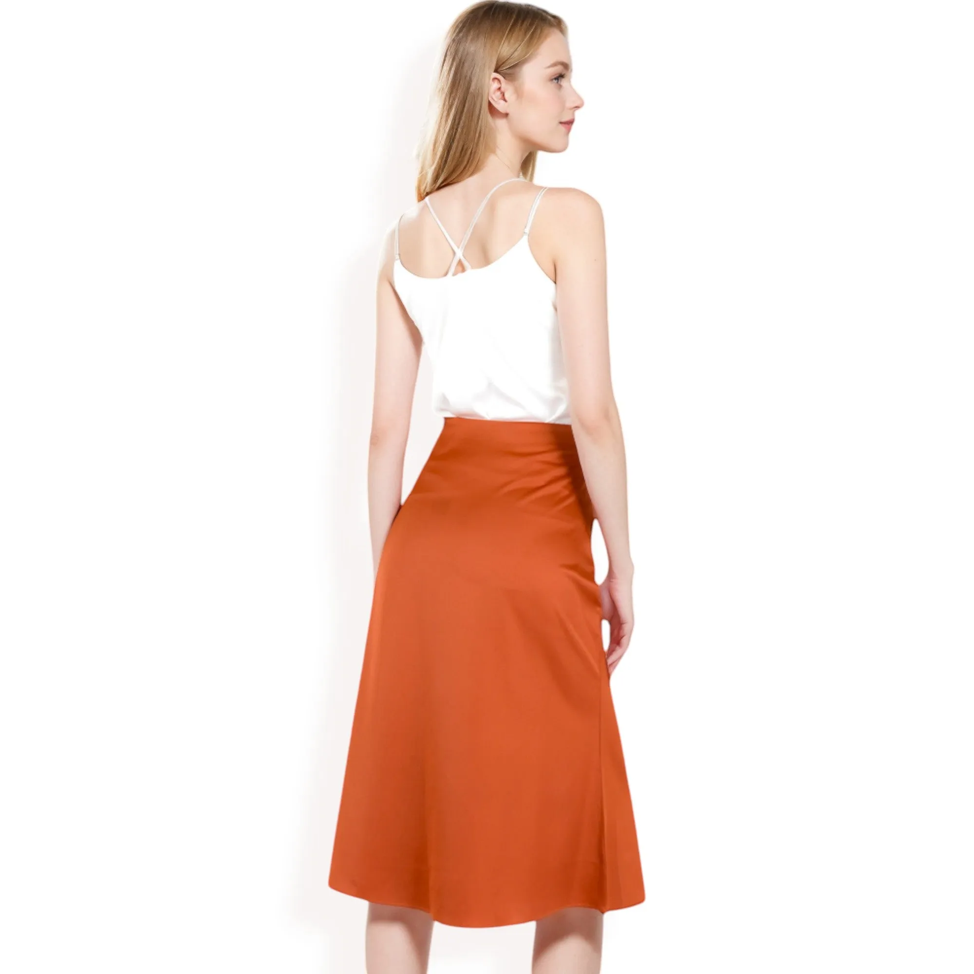 Anna-Kaci Women's Satin Midi Skirt With A-Line Silhouette And Elastic Waistband