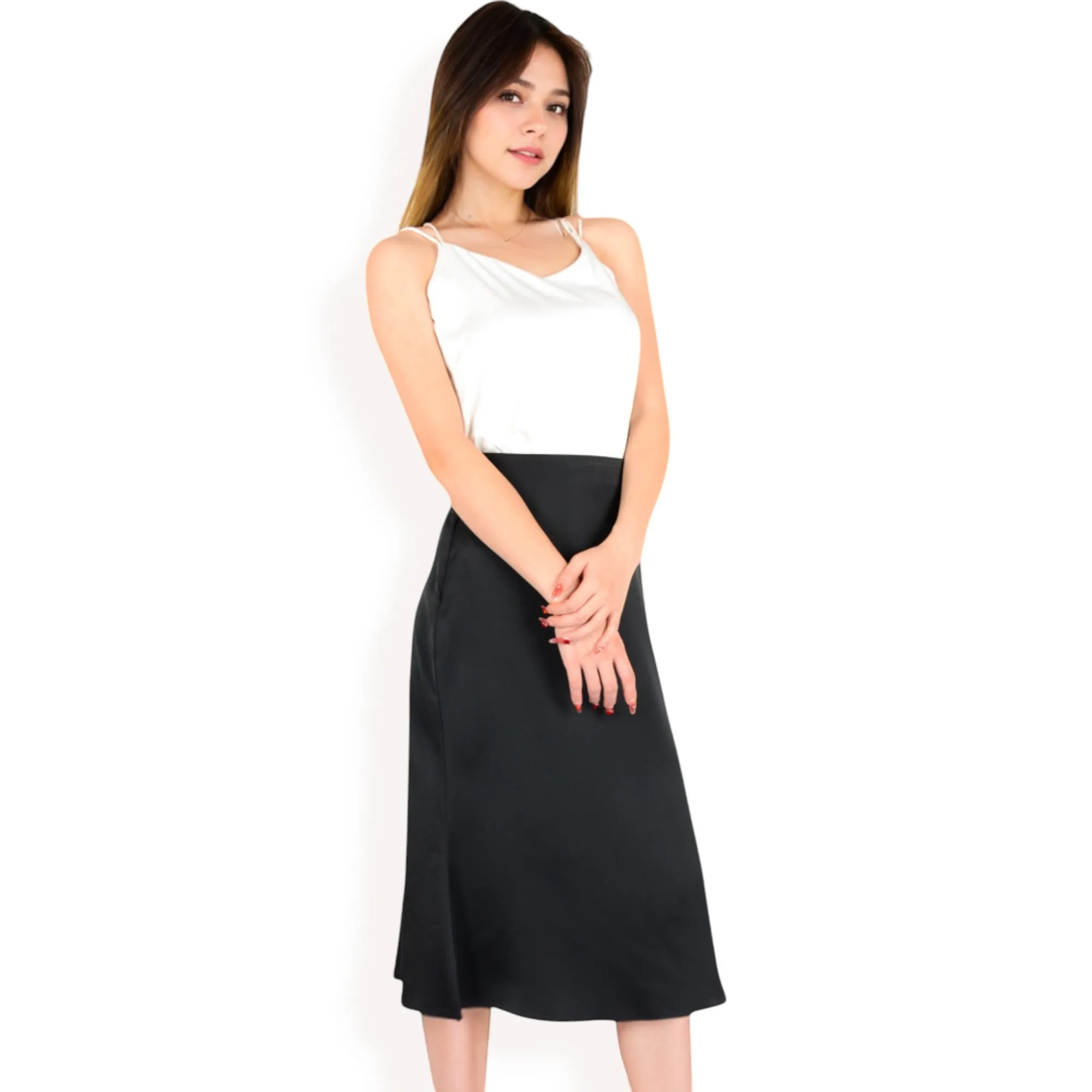 Anna-Kaci Women's Satin Midi Skirt With A-Line Silhouette And Elastic Waistband