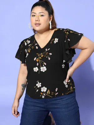 Berrylush Women Plus Size Black & White Floral Printed V-Neck Flutter Sleeve Crepe Ruffled Regular Top