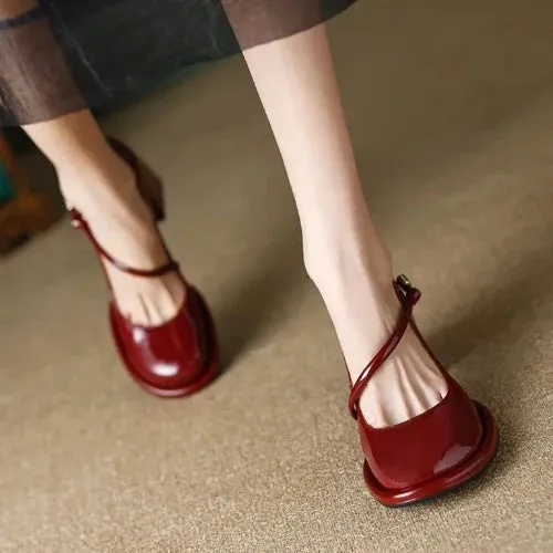 Cherry Red Vintage Square Toe Block Heel Mary Janes