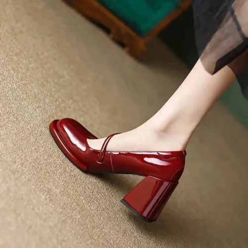 Cherry Red Vintage Square Toe Block Heel Mary Janes