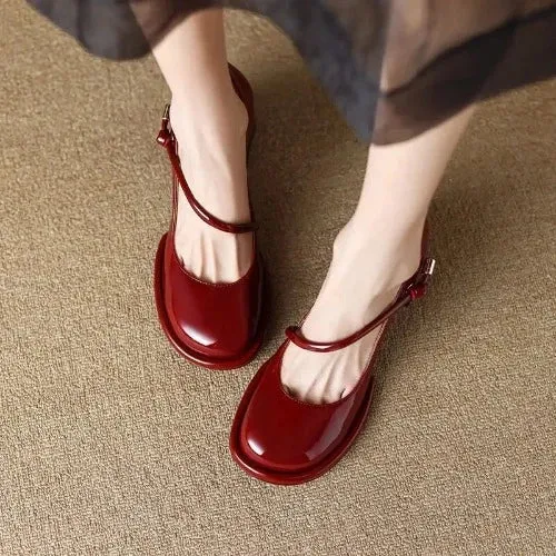 Cherry Red Vintage Square Toe Block Heel Mary Janes