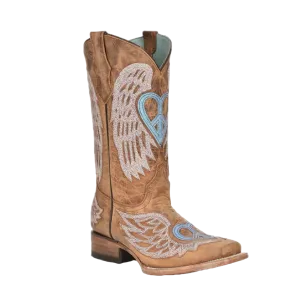 Corral Youth Glitter Cross & Wings Overlay Brown Snip Toe Boots T0144