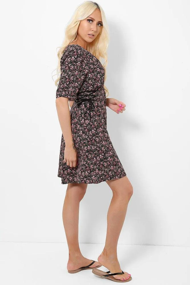 Corset Lace Sides Mini Floral Print Dress