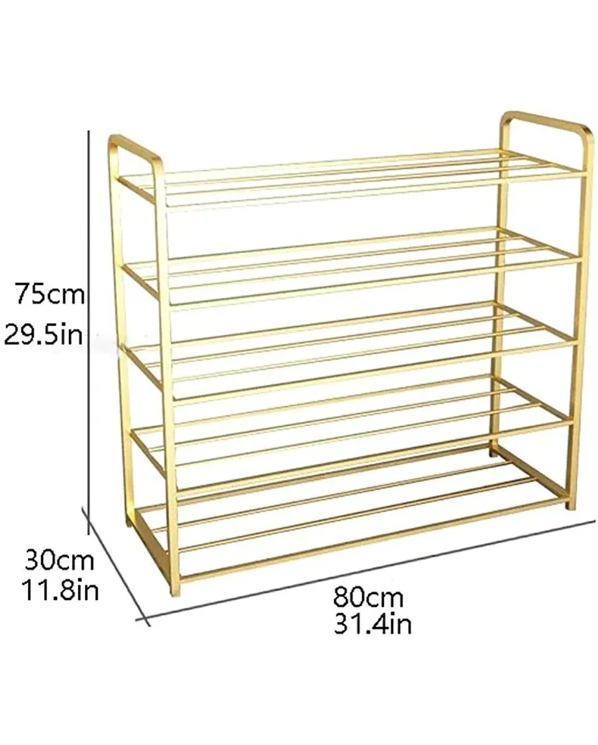 Elegant 5 Tier Metal Shoe Rack In Gold Finish | 31 x 12 x 30 inches