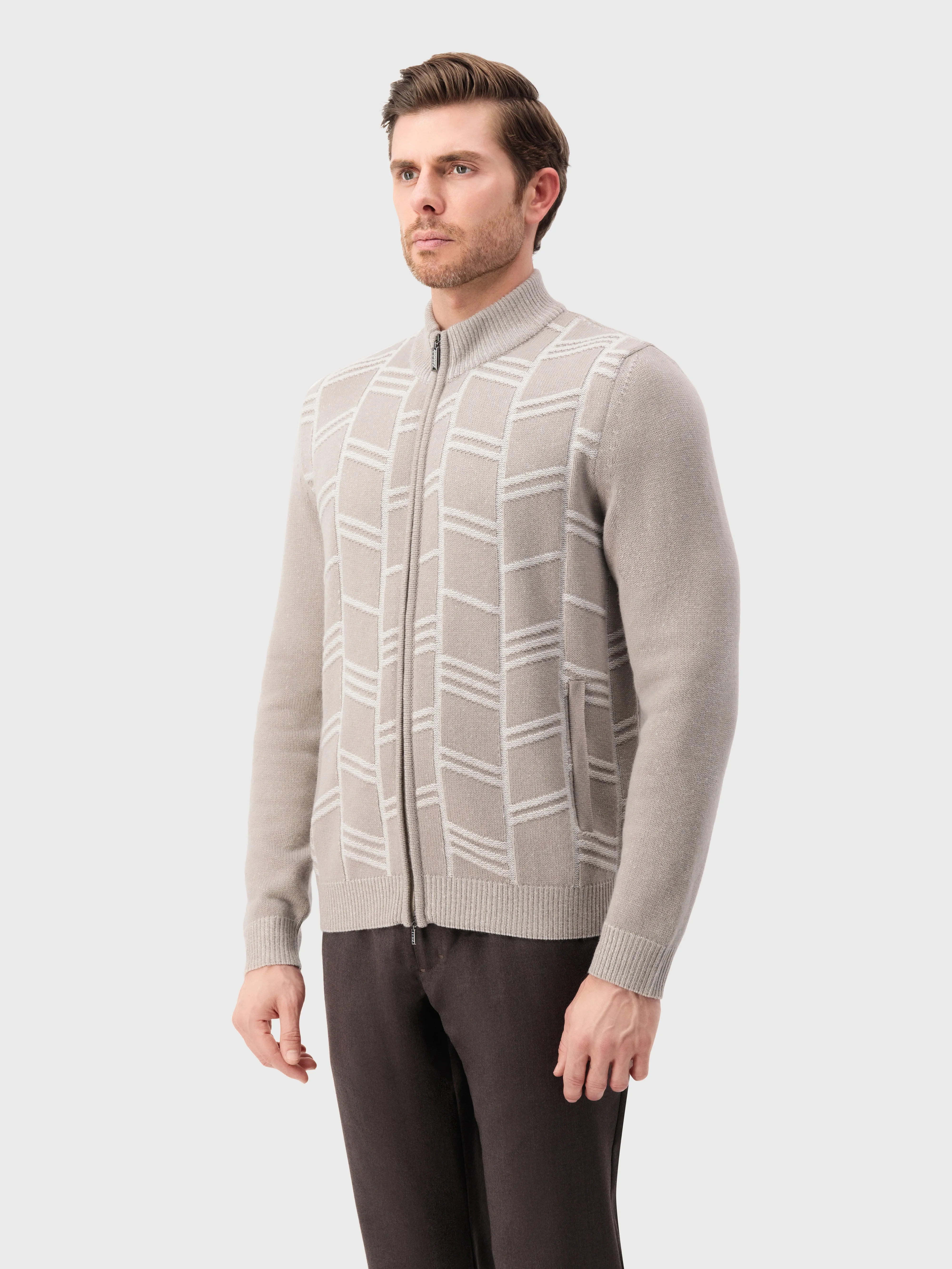 Geometric Pattern Knit Sweater in Cashmere and Wool Stone