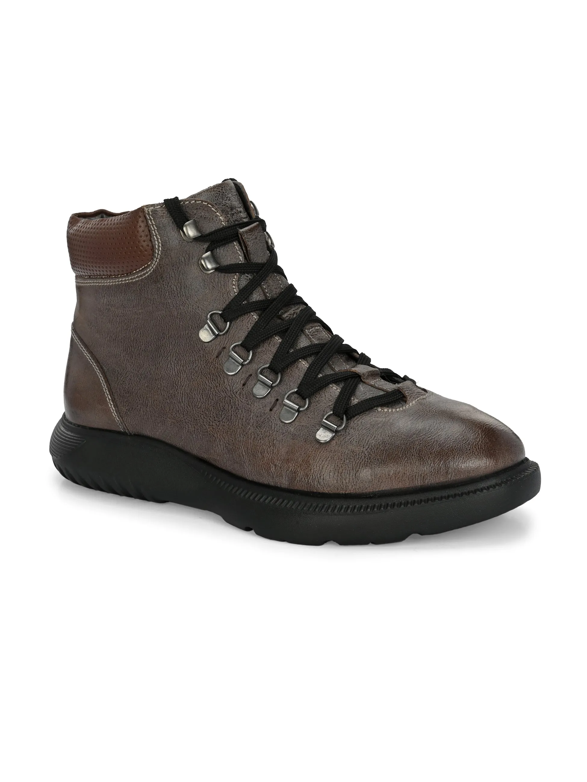 Hitz Men's Brown Leather Casual Lace Up Boots