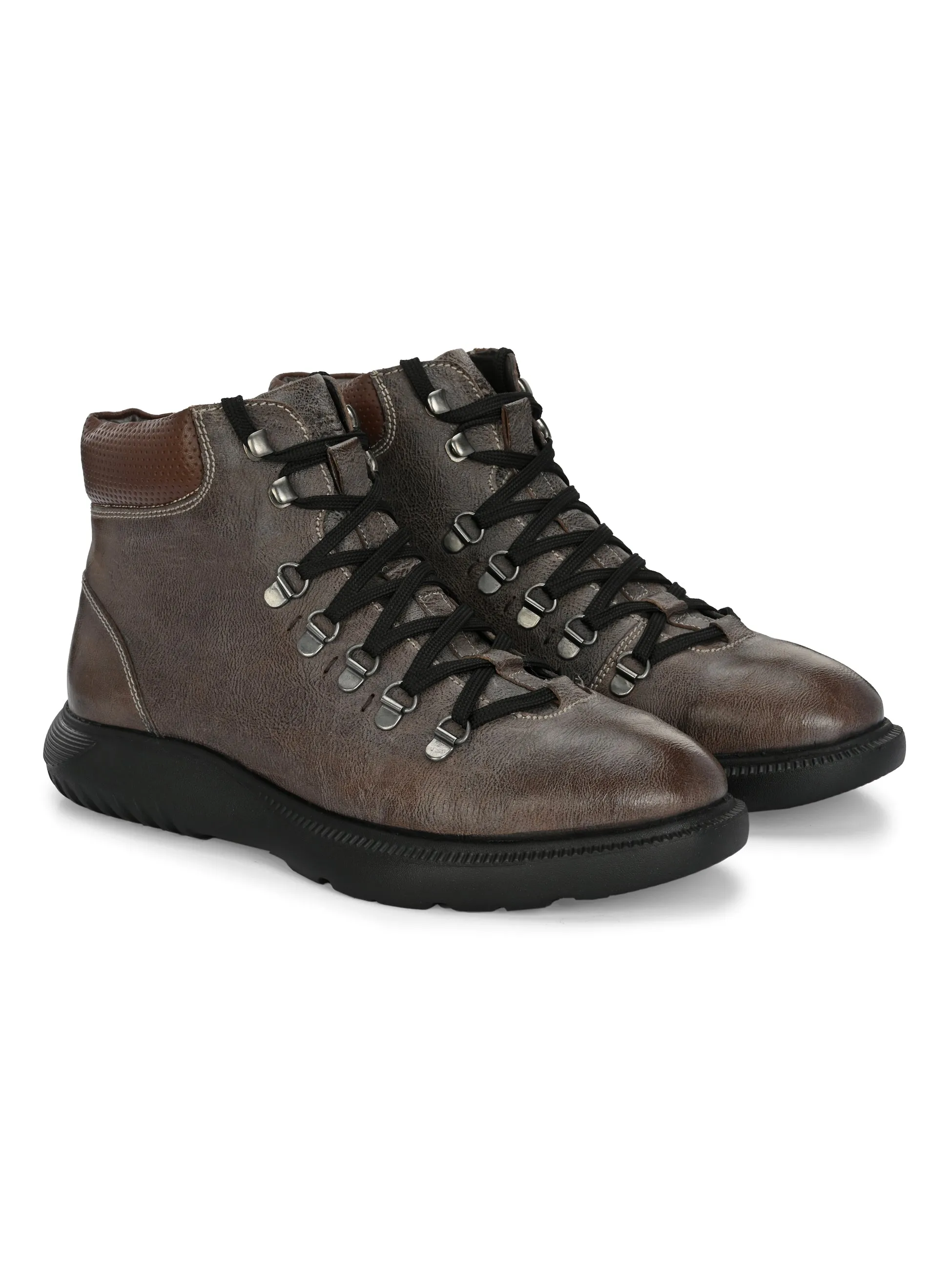 Hitz Men's Brown Leather Casual Lace Up Boots