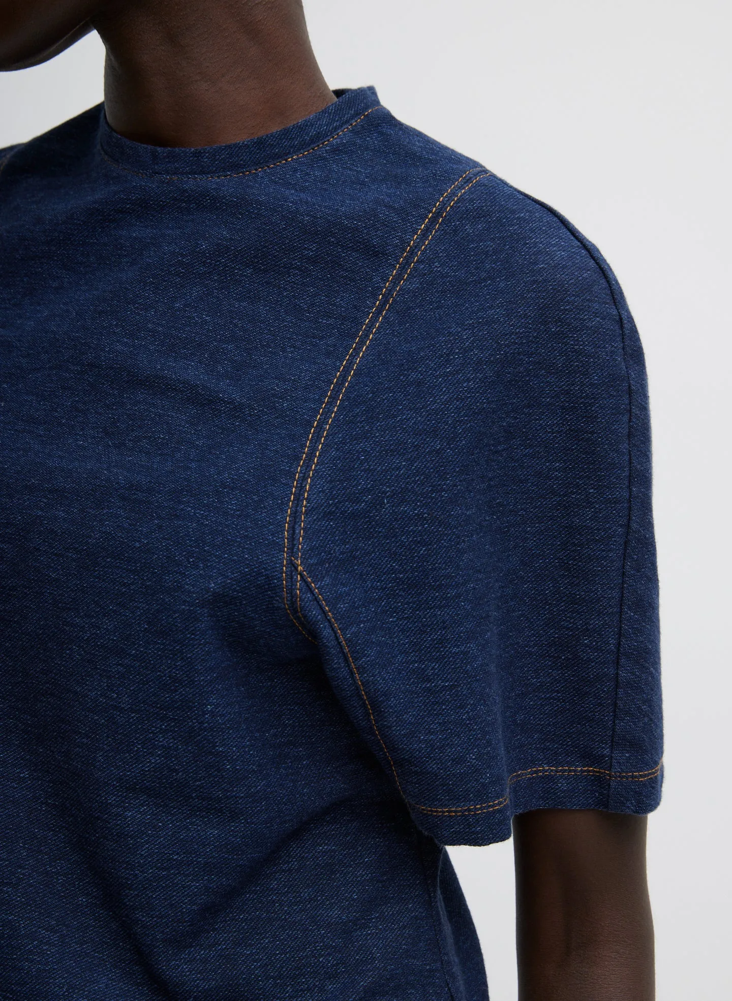 Indigo Barre Denim Knit Sculpted Shrunken T-Shirt