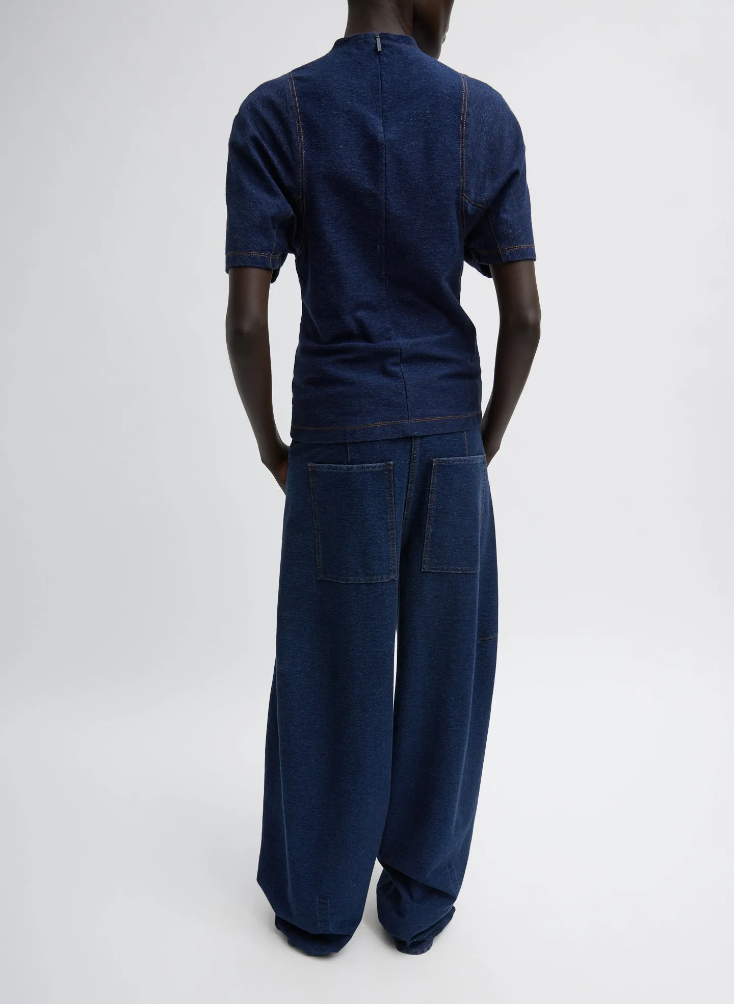 Indigo Barre Denim Knit Sculpted Shrunken T-Shirt