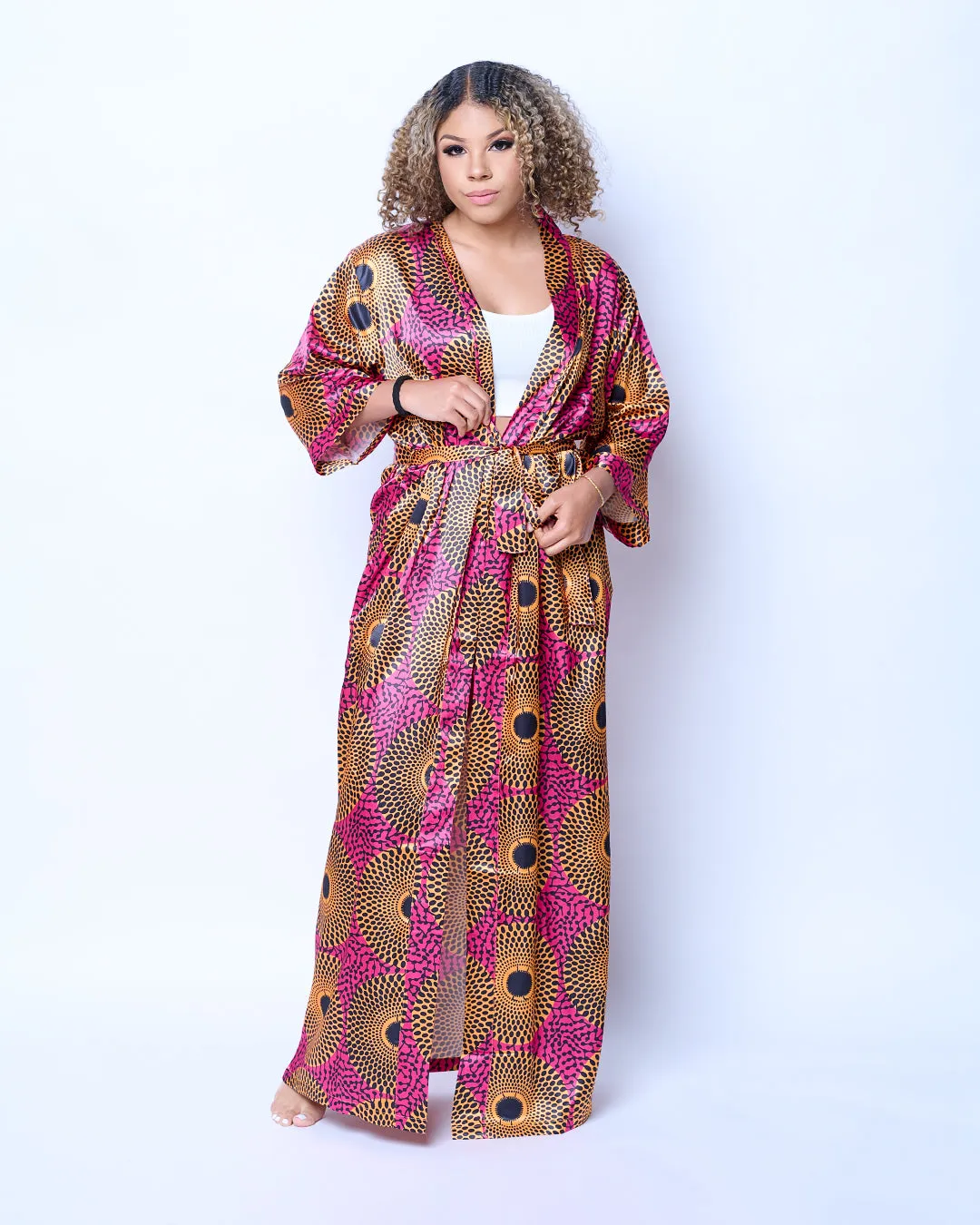 Long African Print Satin Robe Pink/Yellow