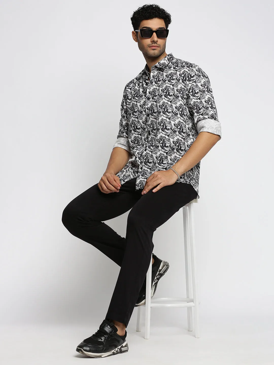 Men Black Spread Collar Abstract Shirt