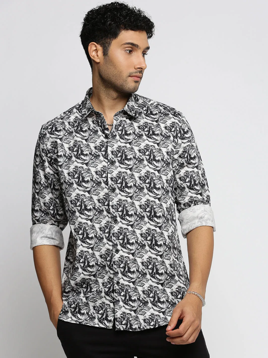 Men Black Spread Collar Abstract Shirt