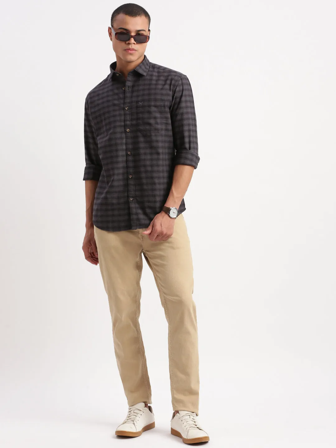 Men Gingham Checks Grey Shirt