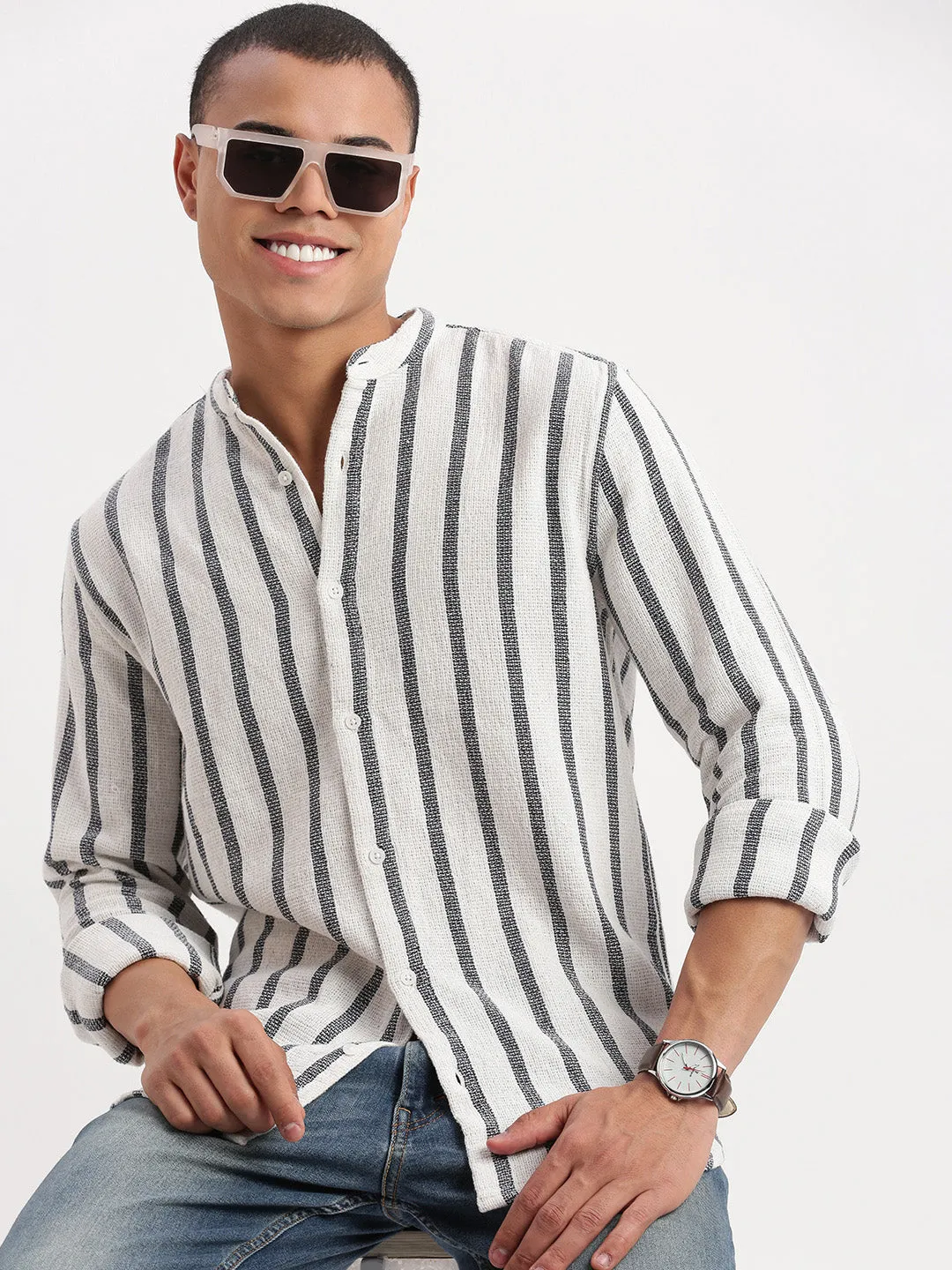 Men Mandarin Collar Vertical Stripes White Shirt