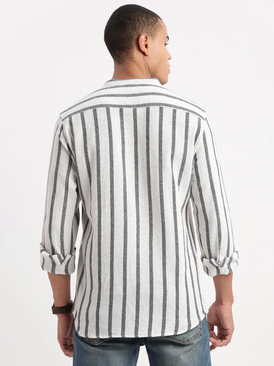 Men Mandarin Collar Vertical Stripes White Shirt