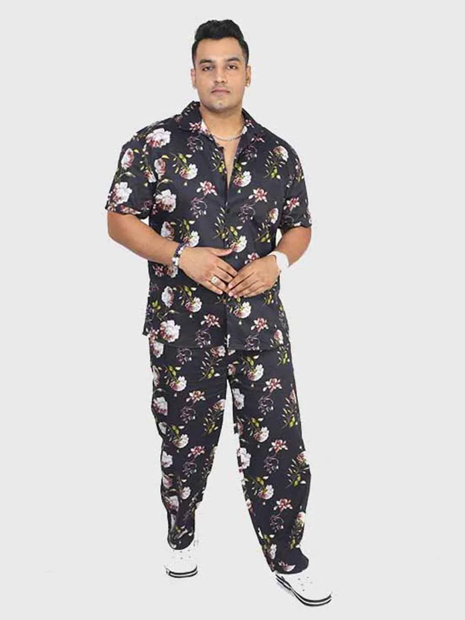 Men Plus Size Black Floral Printed FULL Sleeve Co-Ords