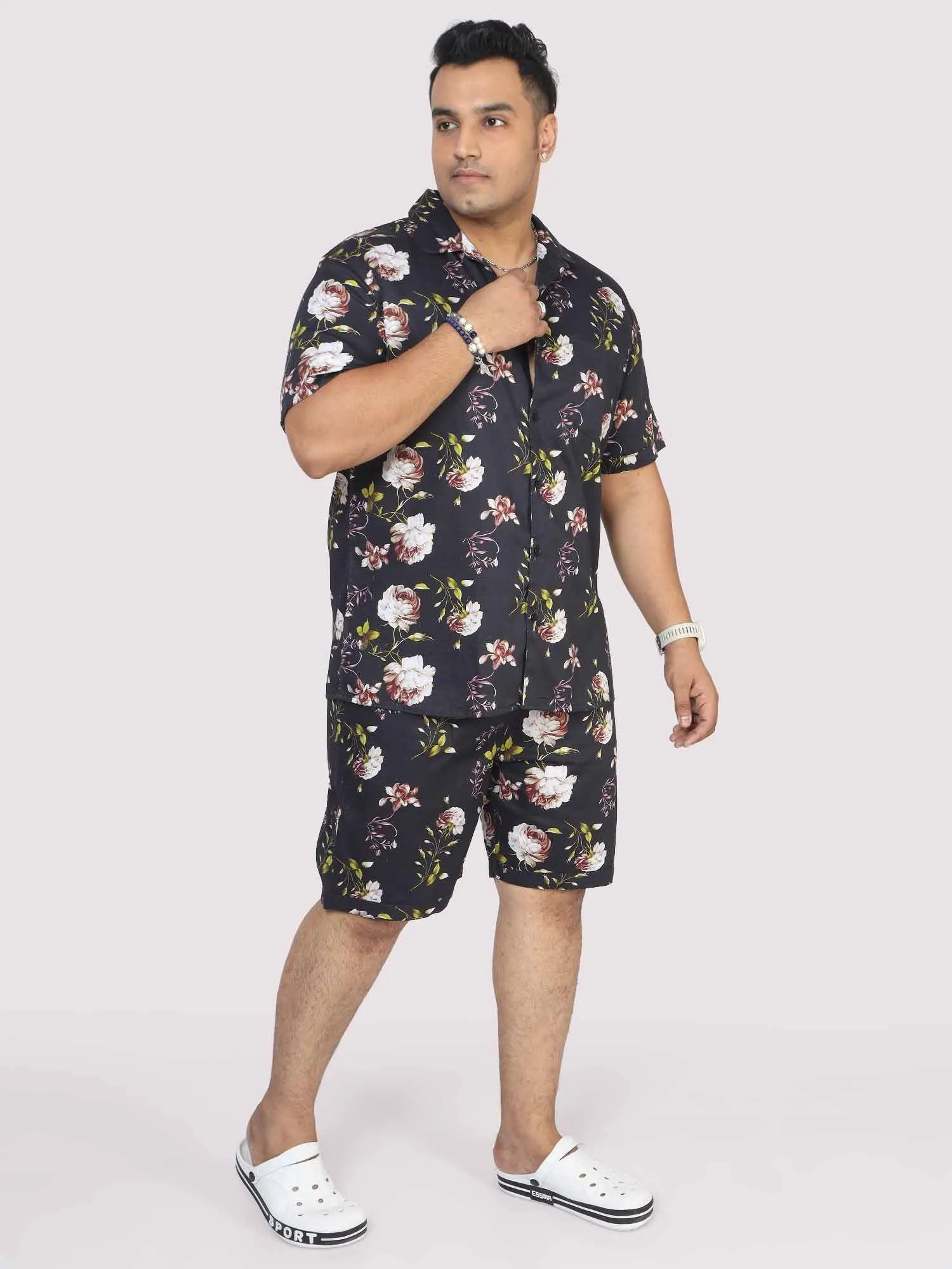 Men Plus Size Black Floral Printed Half Sleeve Co-Ords