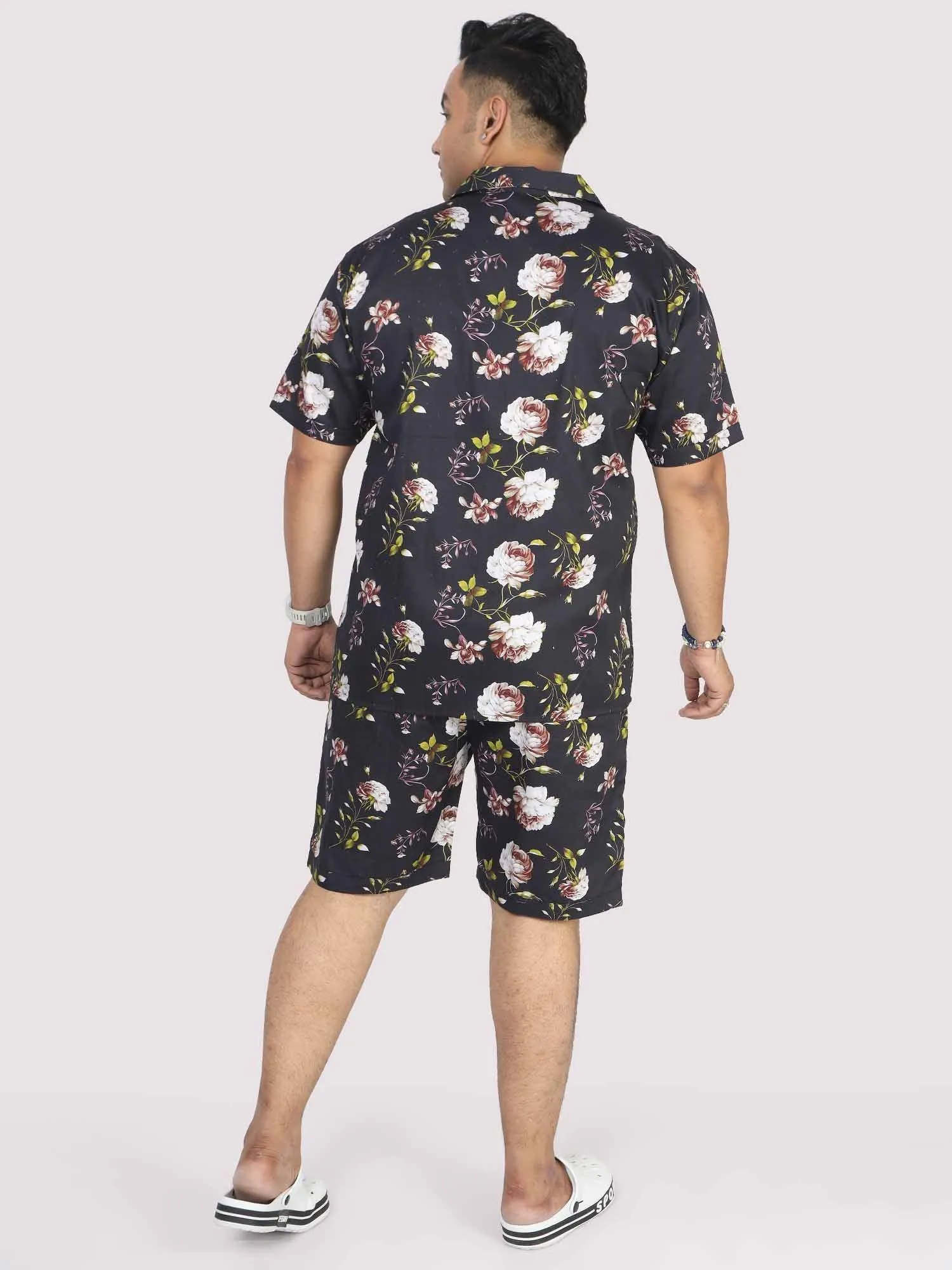 Men Plus Size Black Floral Printed Half Sleeve Co-Ords