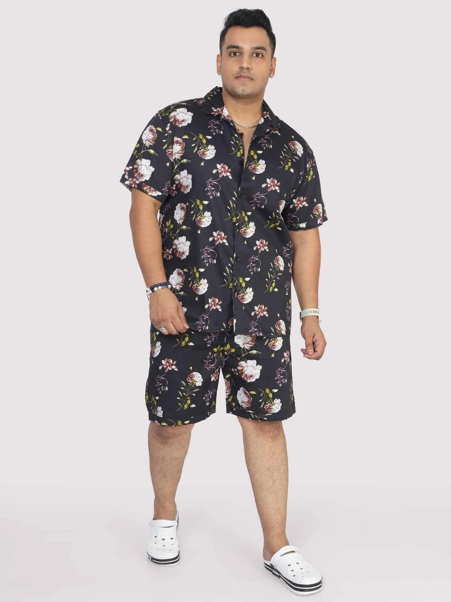 Men Plus Size Black Floral Printed Half Sleeve Co-Ords