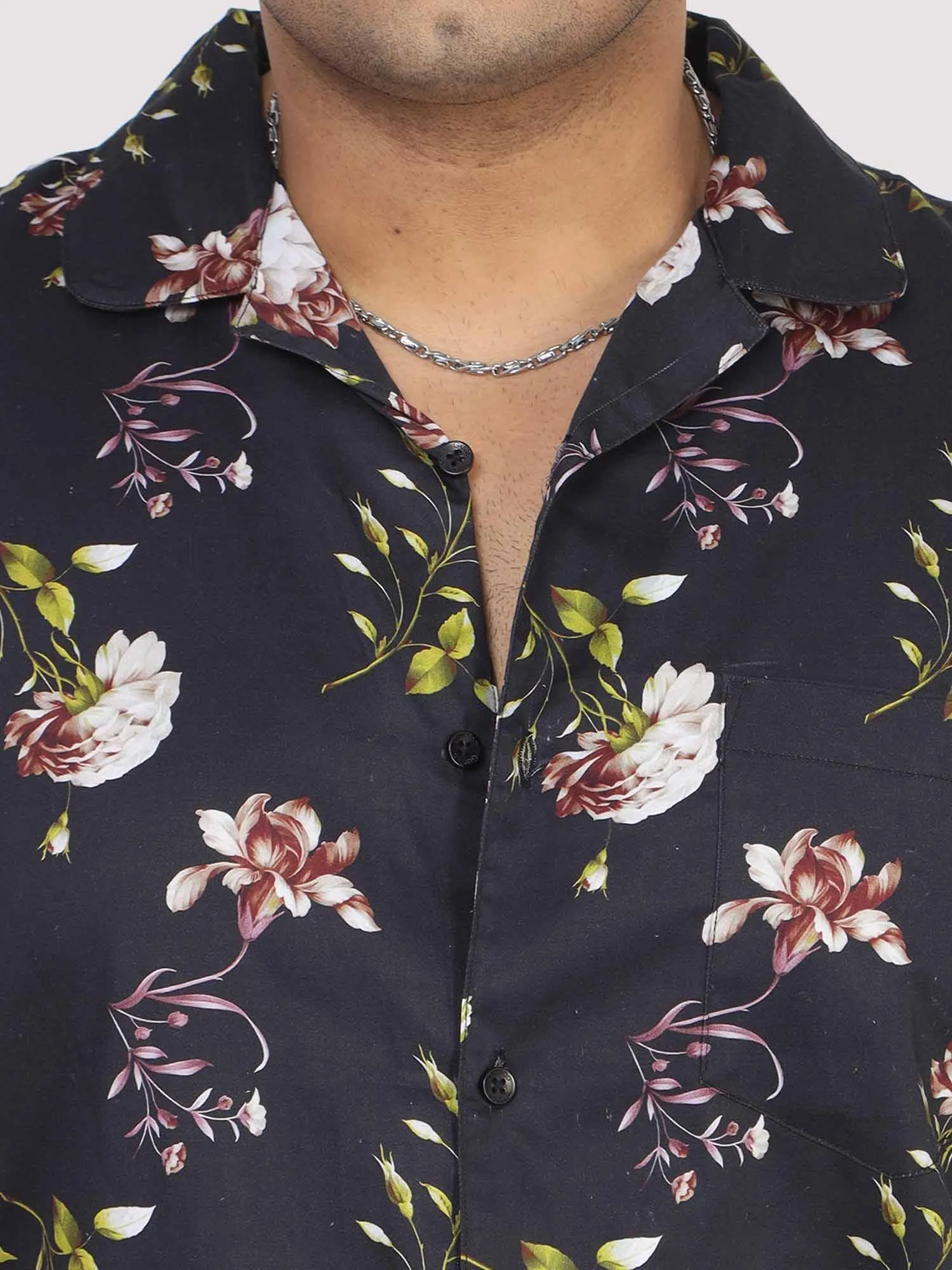 Men Plus Size Black Floral Printed Half Sleeve Co-Ords