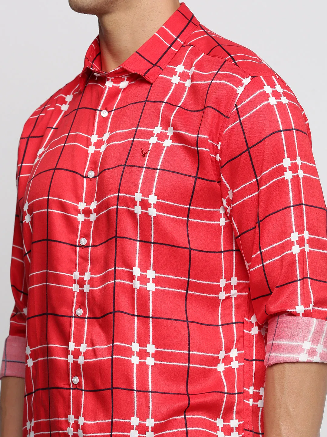 Men Red Spread Collar Windowpane Checks Shirt