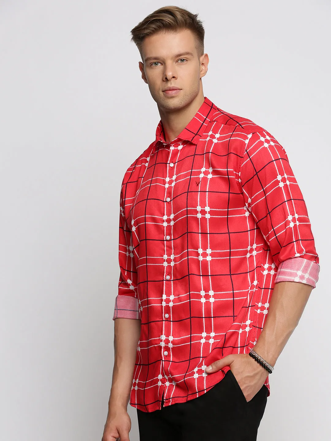 Men Red Spread Collar Windowpane Checks Shirt