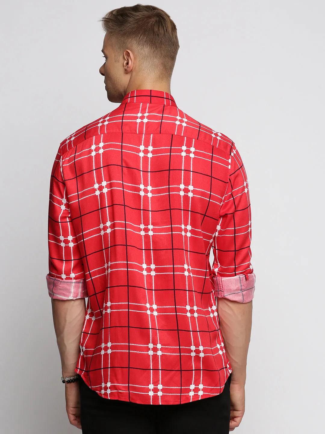 Men Red Spread Collar Windowpane Checks Shirt