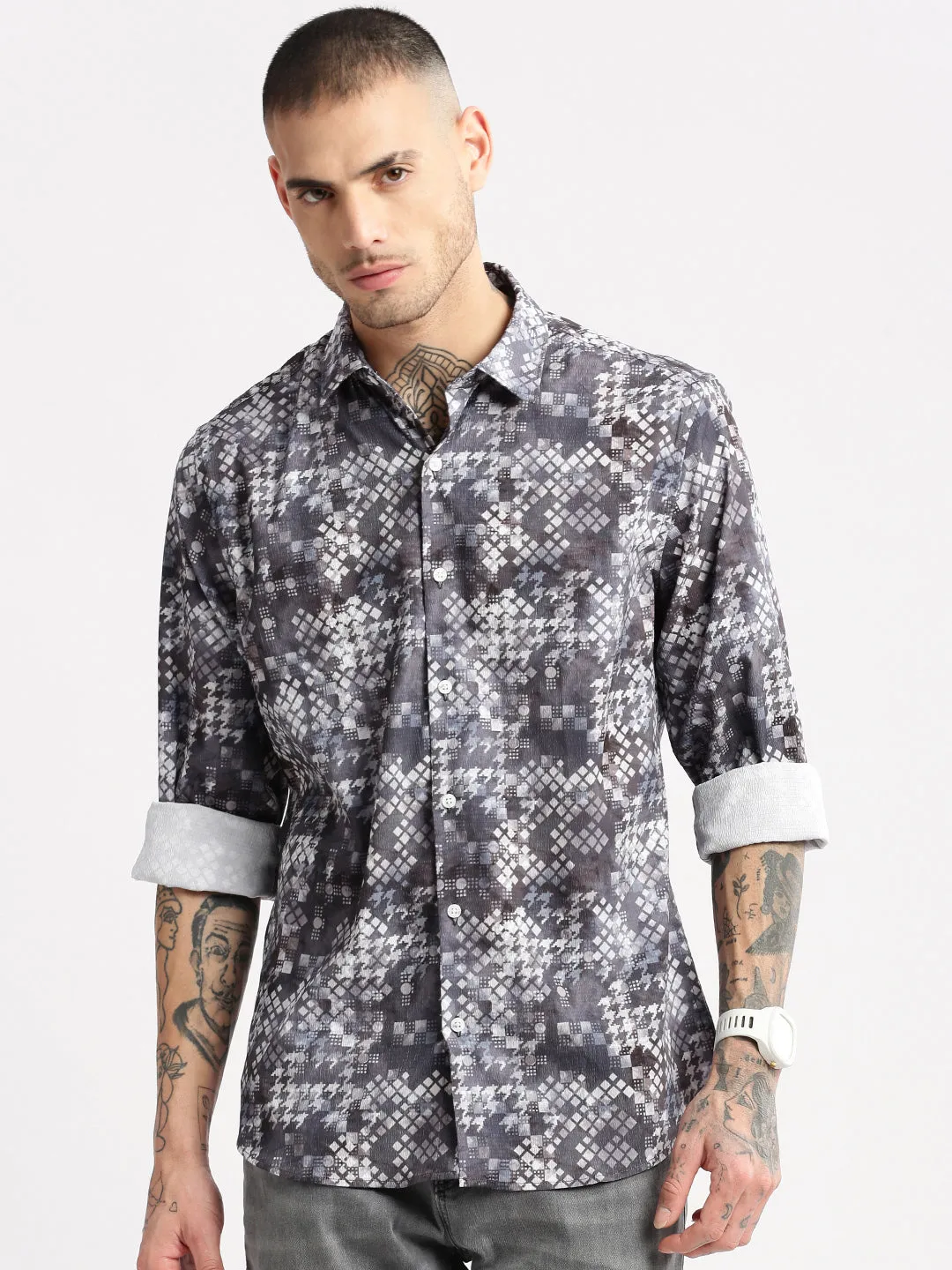 Men Spread Collar  Geometric Grey Casual Shirt