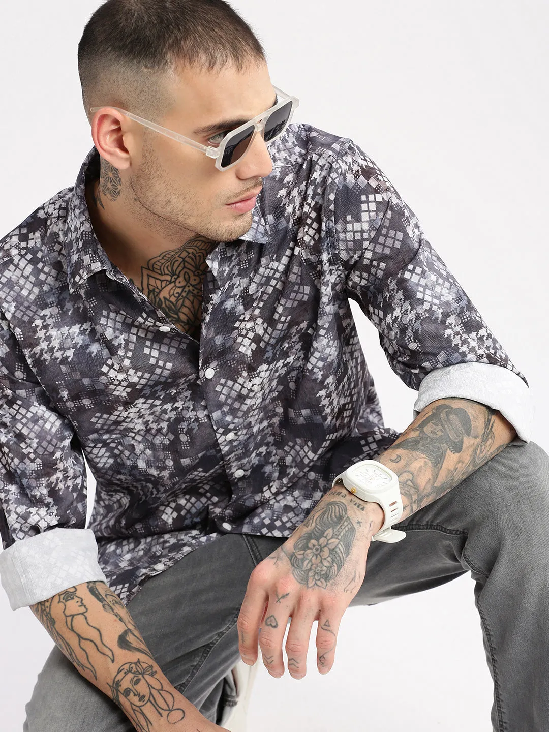 Men Spread Collar  Geometric Grey Casual Shirt