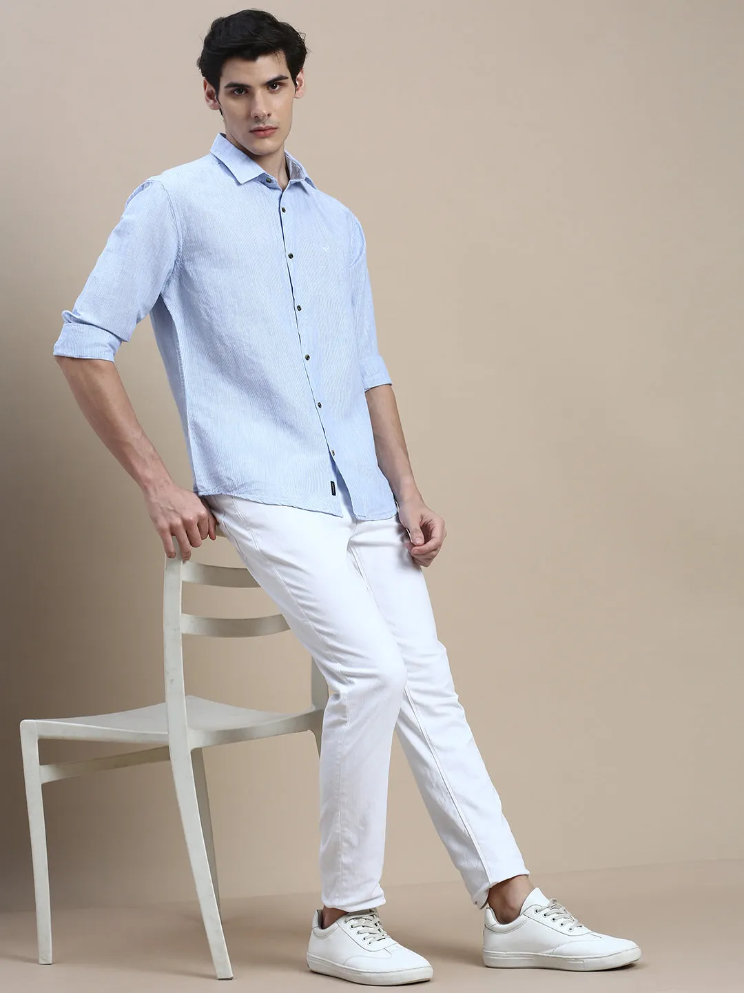 Men Spread Collar Striped Blue Shirt