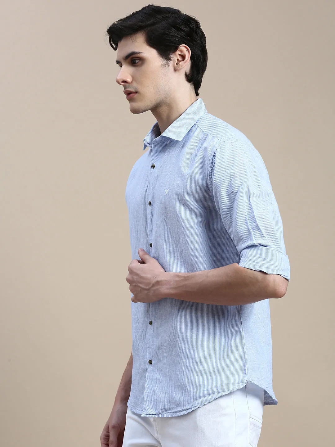 Men Spread Collar Striped Blue Shirt