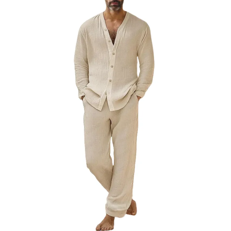 Men's Casual Cotton and Linen Long Sleeve Shirt Straight Pants Set 30209340Y