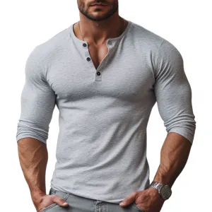 Men's Casual Cotton Blend Henley Collar Slim Fit Long Sleeve T-Shirt 13345964M