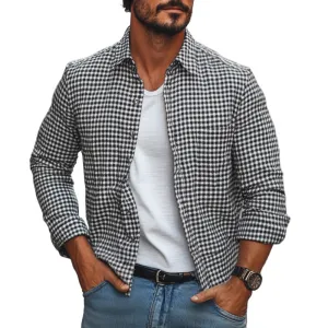 Men's Casual Houndstooth Lapel Patch Pocket Loose Long Sleeve Shirt 53677035M