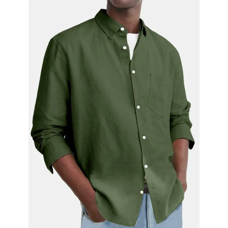 Men's Casual Solid Color Chest Pocket Long-Sleeved Shirt 62558918Y