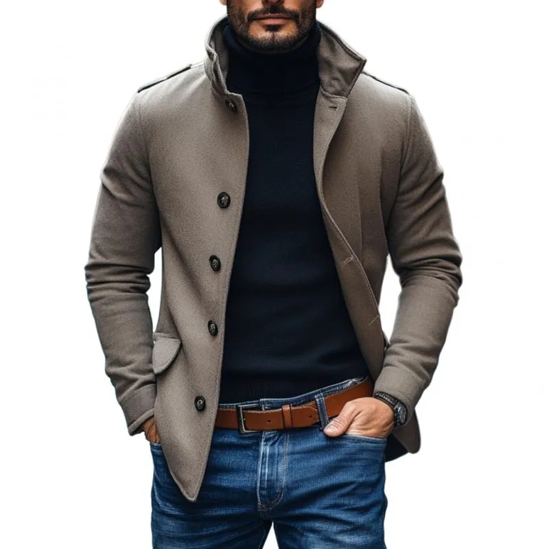 Men's Casual Wool Blend Lapel Single-breasted Slim Short Coat 85856791M