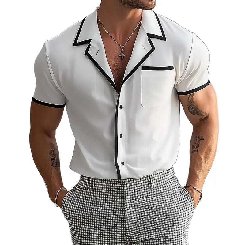 Men's Fashion Black Hemming Lapel Short Sleeve Shirt 23309916Y