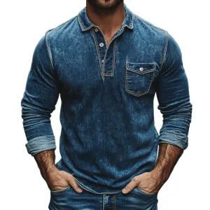 Men's Fashion Buttons Lapel Long Sleeve Denim Polo Shirt 83052572Y